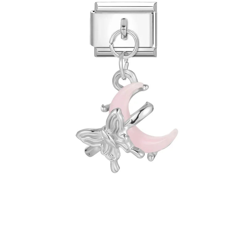 New 2026 Fashion Sweet Pink Moon Star Butterfly Pendant Italian Charm Links Fit 9MM Stainless Steel Bracelet DIY Making Gifts Qme Style 2