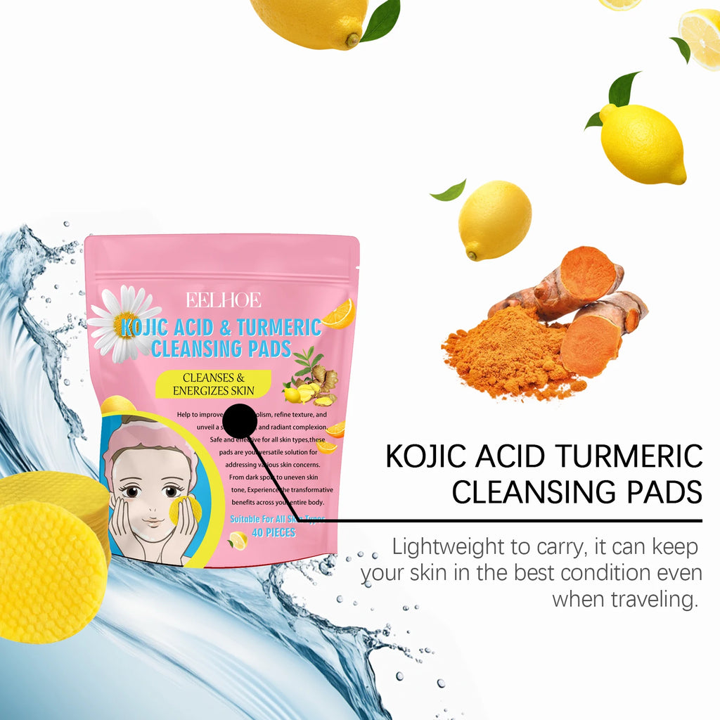 40pcs Turmeric Kojic Acid Cleansing Pad Gentle Cleansing Exfoliating Pads Fades Dark Spots Brightens Daily Cleansing Skin Care Qme