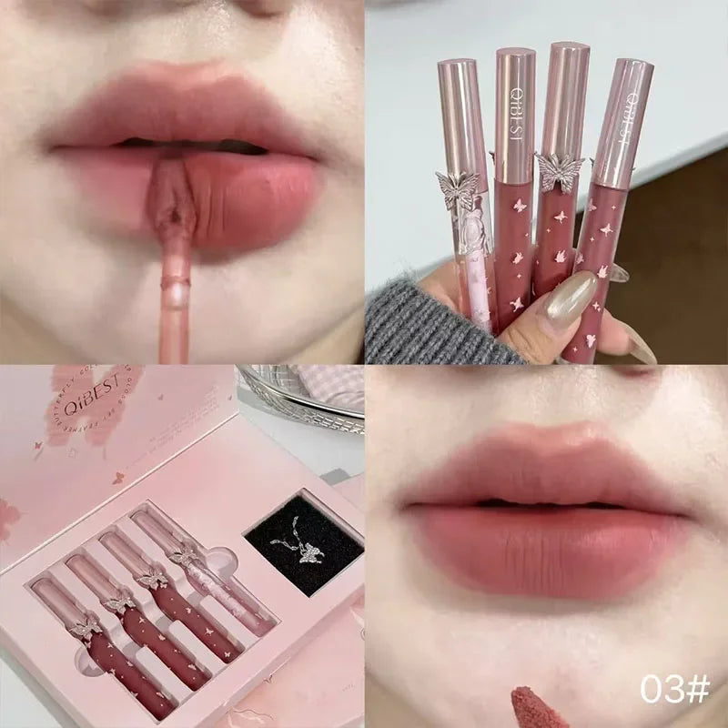 QIBEST 4 Pcs Lip Makeup Sets Include 3*Matte Liquid Lipstick And 1*Lip Balm Oil Moisturizing Lasting Water Proofs Lips Cosmetics Qme