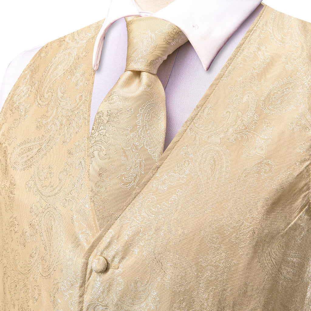 Hi-Tie Silk Mens Suit Vests 4PC Woven Paisley Champagne Waistcoat Tie Pocket Square Cufflink Business Wedding Dress Waist Jacket Qme