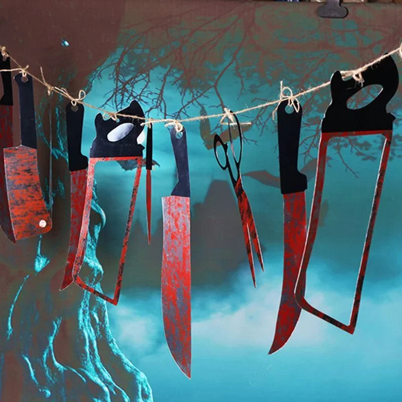 12Pcs Halloween Fake Blood Knife Garland Plastic Bloody Knife Banner Haunted House Horror Hanging Party Wall Decoration Props Qme