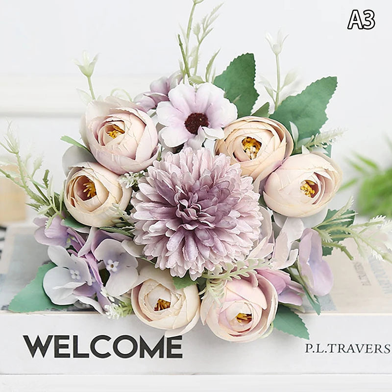 Artificial 1PC Flowers Wedding Home Bedroom Decoration Bridal Bouquet Garden Fake Silk Roses Hydrangeas Vase For Board Outdoors Qme style 9