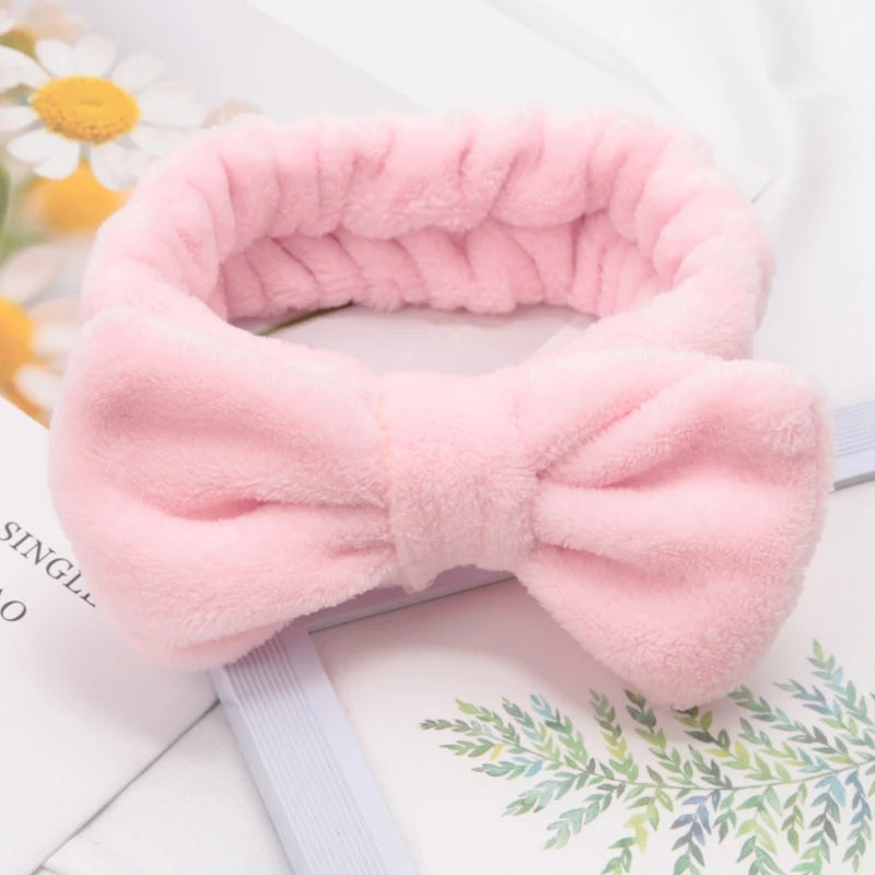 Soft Bow Headbands SPA Yoga Big Solid Coral Fleece Elastic Hair Bands Qme Pink