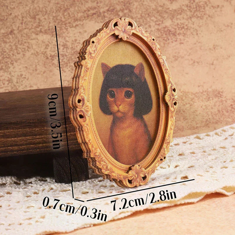 Mini Oval Retro Wooden Photo Frame Fridge Magnet Funny Cat Haircut Qme