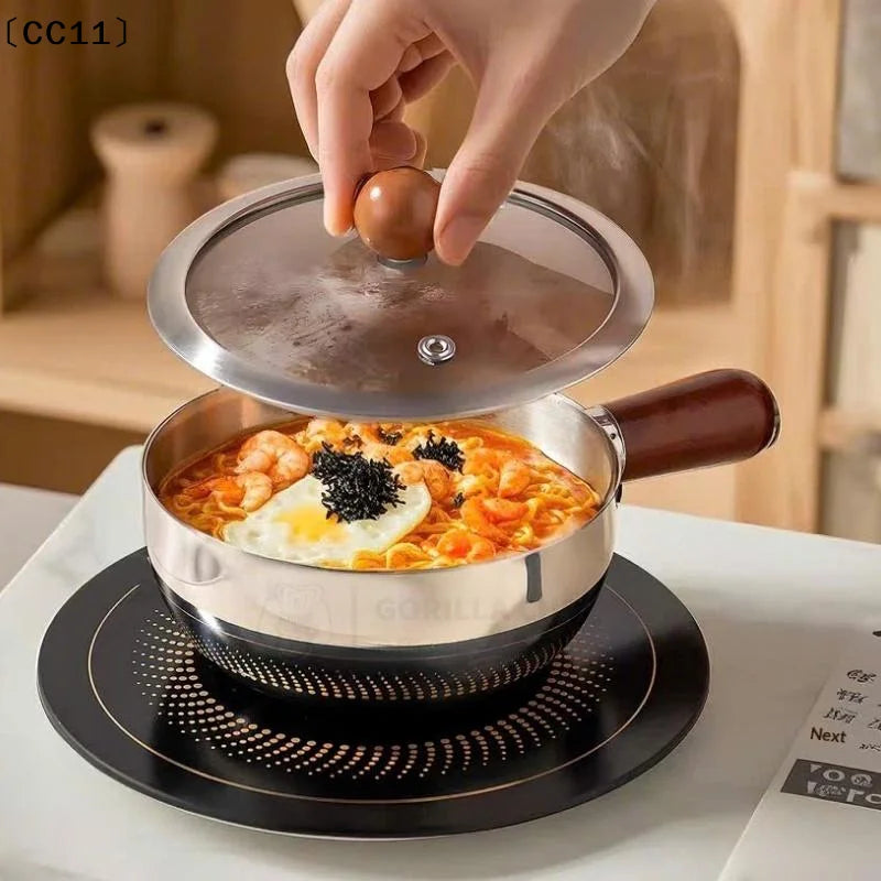 Stainless Steel Cooking Pans Wooden Handle Glass Lid Multi-purpose Qme