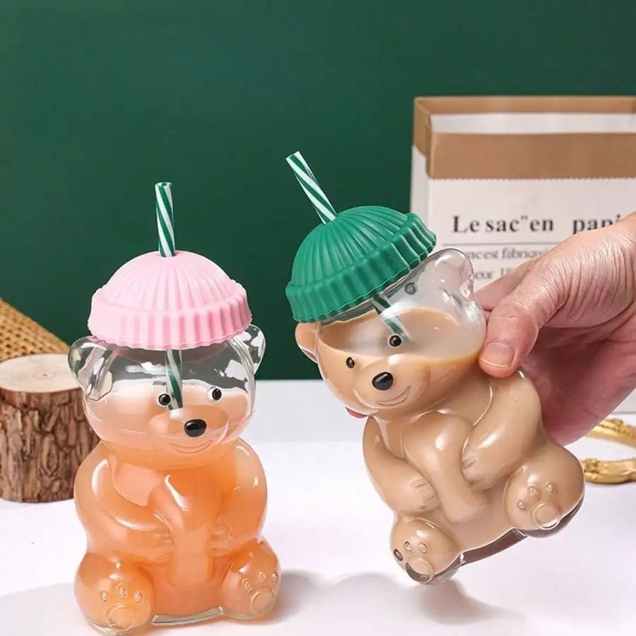 Cute Little Bear Plastic Cup Lid Straw Teddy Cold Drink Suitable Qme