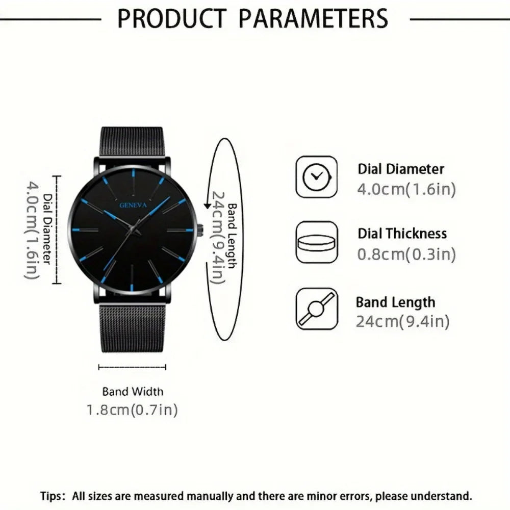 5pcs/set Fashion Men's Quartz Watch Set Classic Pointer Design Alloy Mesh Strap Watch Necklace Bracelet Ring Ideal Gift for Men Qme