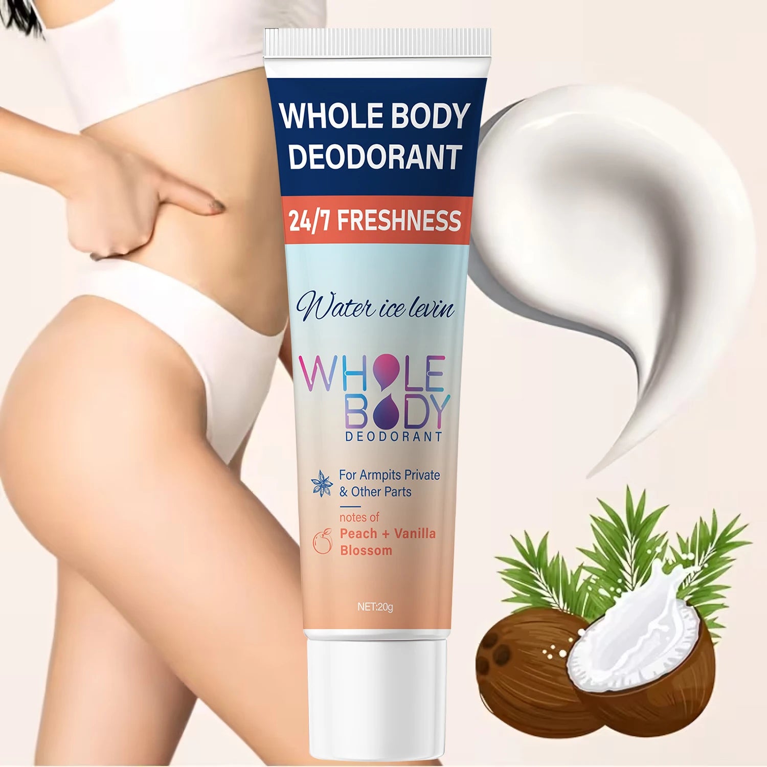 24/7 Freshness Whole Body Deodorant for Armpits & Private Parts with Hyaluronic Acid & Peach Vanilla Scent. Qme