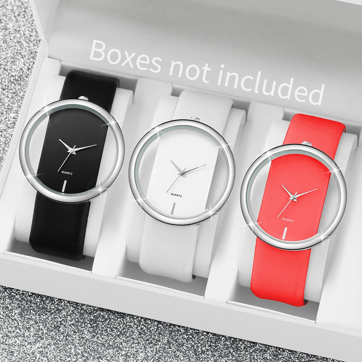 2026 Simple and Transparent Creative Cutout Fashionable and Dignified Leather Belt Couple Quartz Watch Qme 3PC Without Box