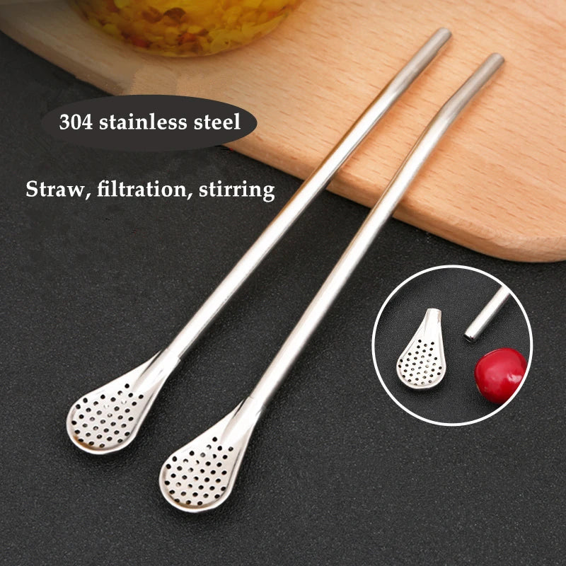 Stainless Steel Drinking Straw Spoon Tea Filter Detachable Reusable Metal Straws with Brush Drinkware Bar Party Tool Accessories Qme