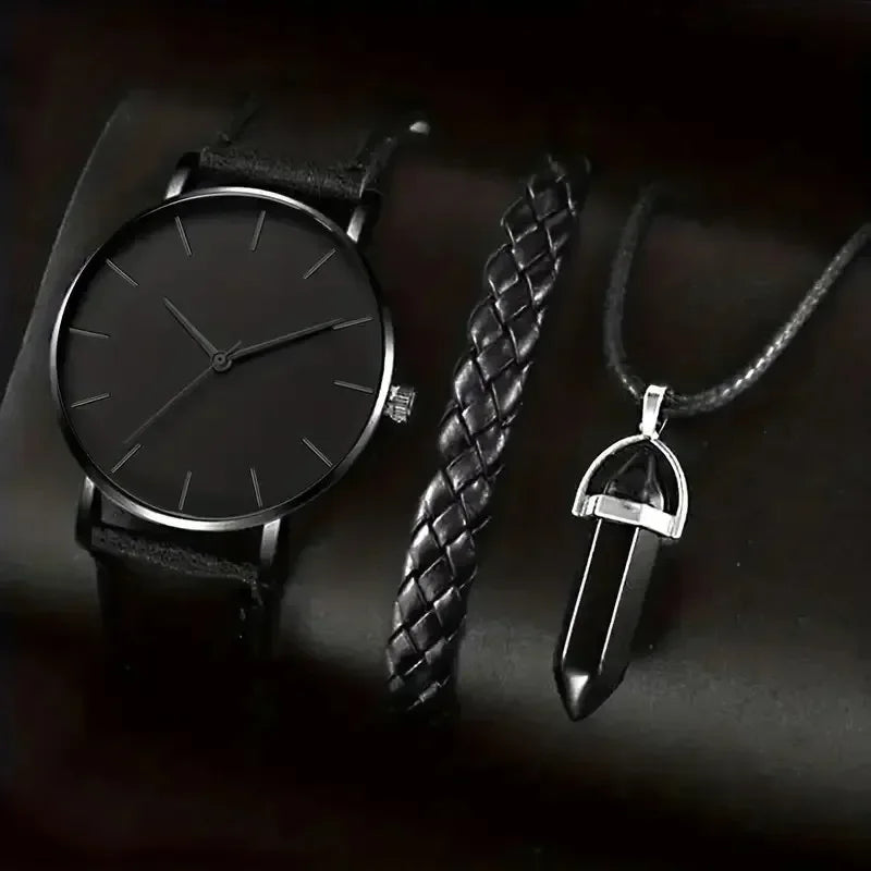 3 pçs conjunto de moda dos homens relógios esportivos homem negócios quartzo relógio de pulso luxo pulseira do masculino Qme black