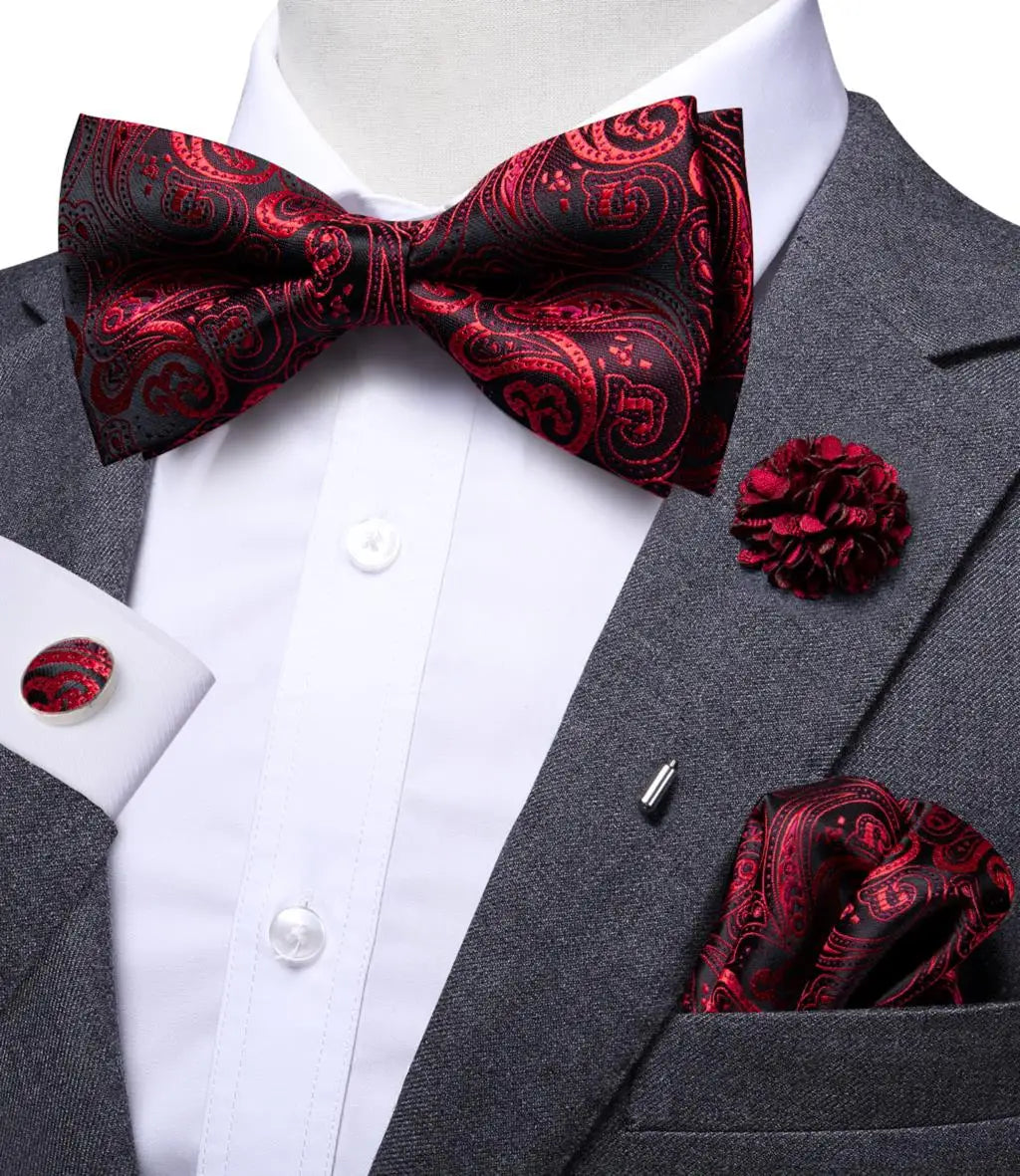 Hi-tie Silk Men's Bowtie Pocket Square Cufflinks Brooch Jacquard Qme