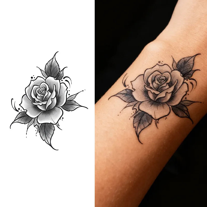 Rose & Flower Temporary Tattoo, Herbal Juice Waterproof Long-Lasting, Elegant Small & Fresh Fake Tattoo for Arm, Collar & Neck Qme