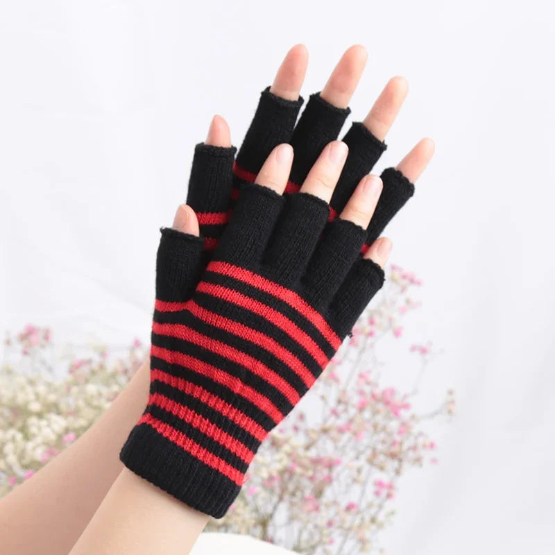 1Pair Black Stripe Half Finger Fingerless Gloves for Women and Men Knit Wrist Cotton Winter Warm Outdoor Gothic Lolita Mittens Qme black red One Size