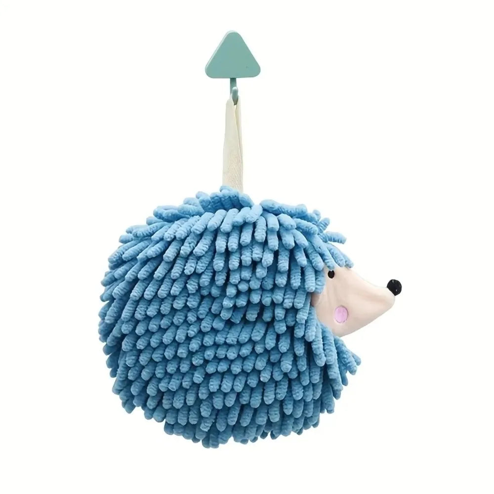 Chenille Fuzzy Ball Hand Towels Hedgehog Cartoon Towels Absorbent Funny Hanging Hand Drying Towel with Loop for Bathroom Kitchen Qme Blue