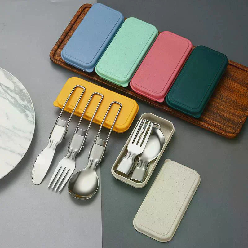 304 Stainless Steel Folding Cutlery Set Knife Fork Spoon Portable For Outdoor Picnics Camping Back To School Student Cutlery Box Qme