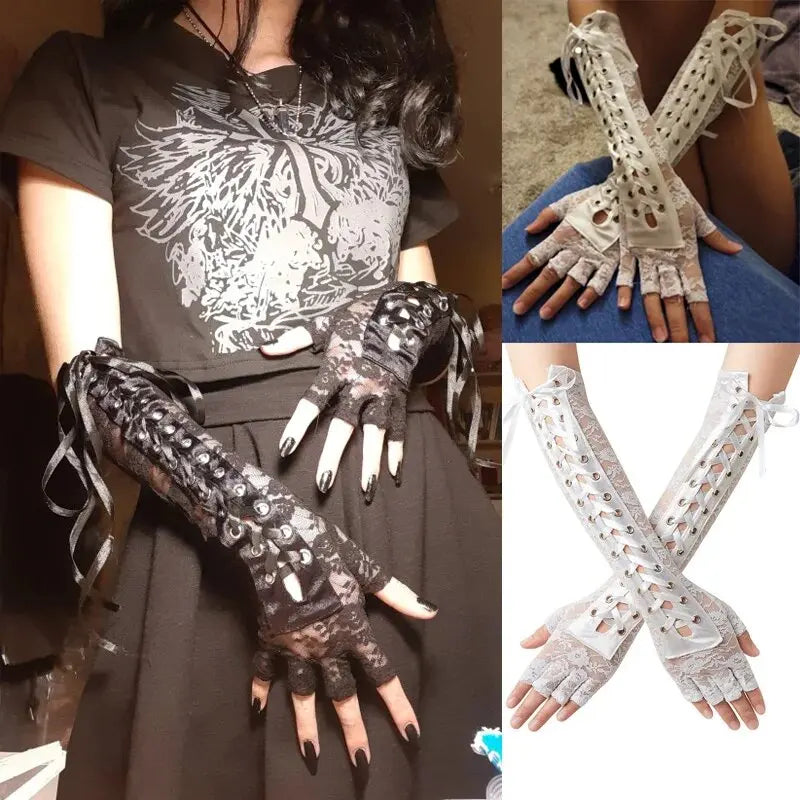 Women Sexy Lace Long Gloves Black Elbow Half-finger Ribbon Fingerless Qme
