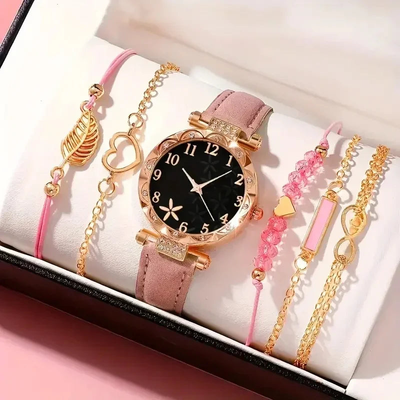 Conjunto de relógio de pulso analógico de couro feminino, pulseira de quartzo feminino, moda feminina, 6pcs Qme Boxes not included 7