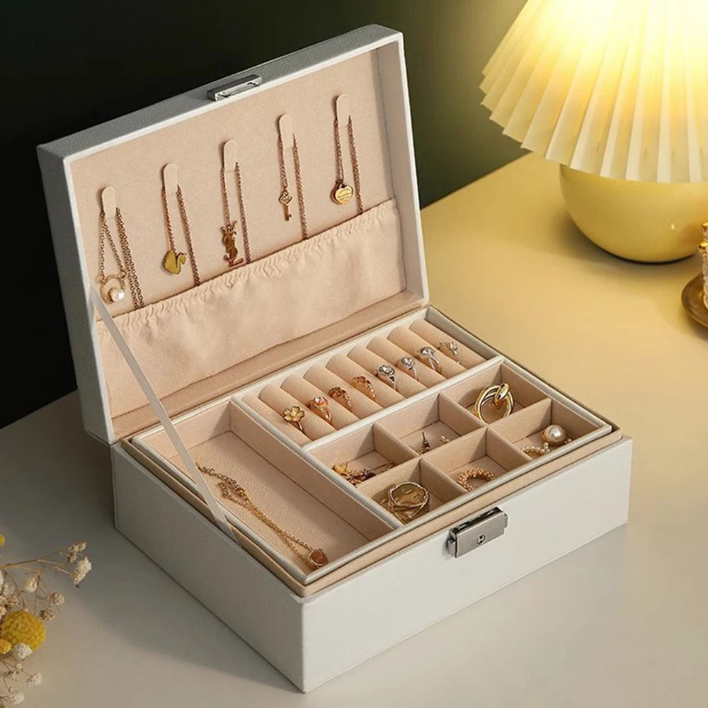 Double-Layer Jewelry Storage Box With Lock For Earrings, Necklaces And Other Accessories, Organizing Box Qme white M