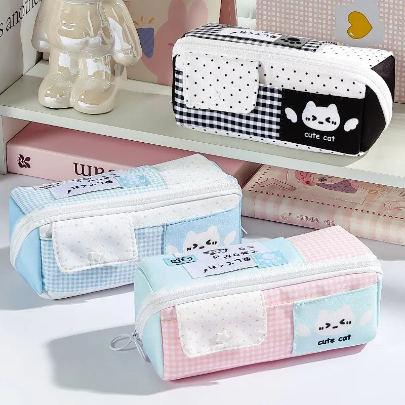 Large Capacity Cute Polka Dot Cat Pencil Case Student Pen Pouch Qme