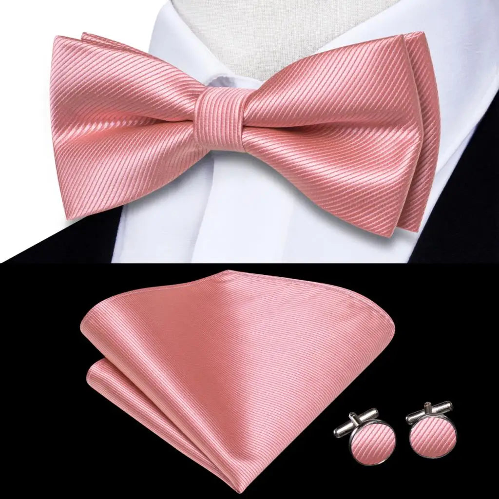 Peach Pink Salmon Rose Mens Bow Tie Pocket Square Cufflinks Pre-tied Qme LDLH0589