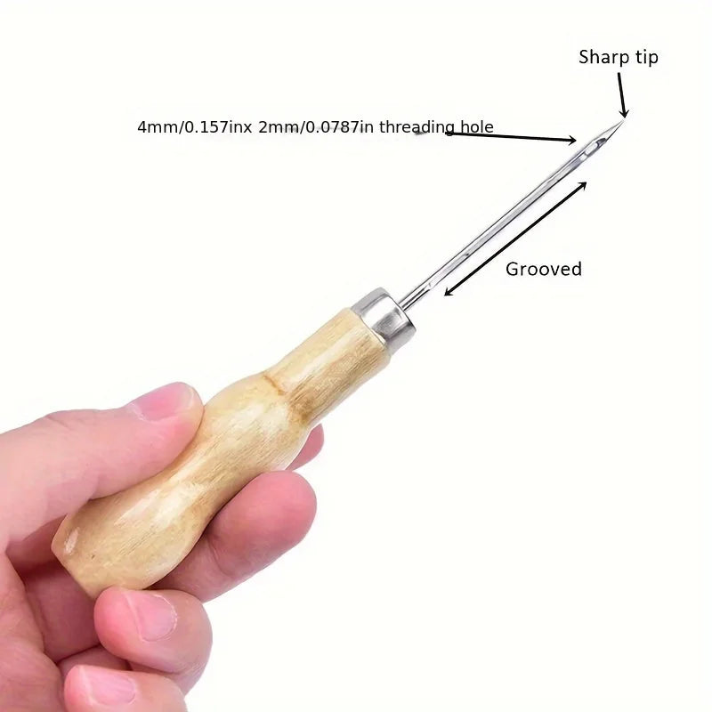 Wooden Handle Sewing Awl, Leather Craft Stitching Tool for Shoe Repair & DIY Projects Qme