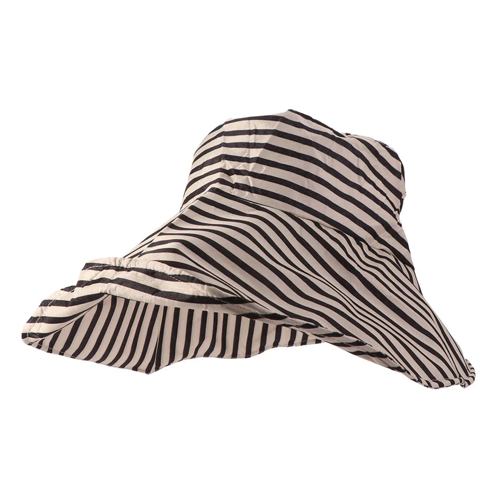 Simple Striped Bucket Hat Widened Brim Sunshade Foldable Beach Sun Cap Lightweight Cloth Roll Edge Fisherman Hat Vacation Qme Beige and Black
