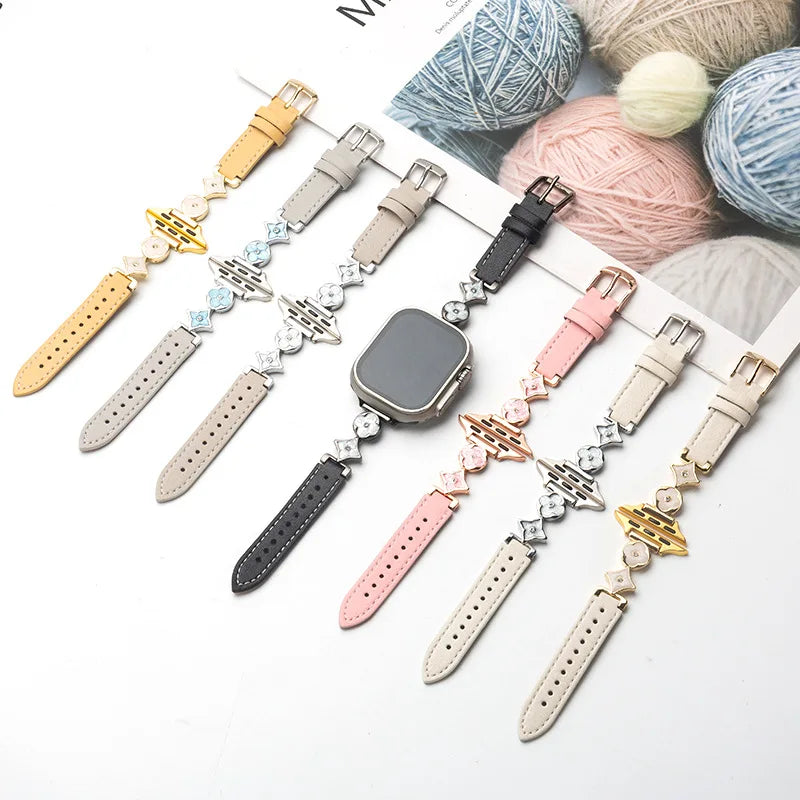 Applicable to iWatch10 strap Apple S9 watch AppleWatch metal four-leaf clover S8 leather S7S6 women's model Qme