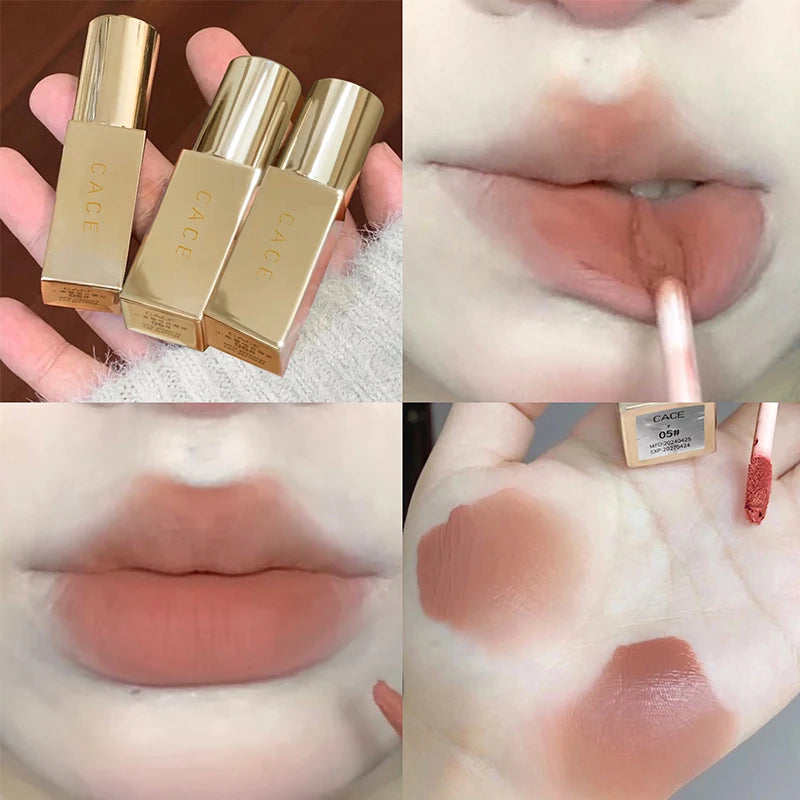 CACE Gold Tube Matter Lip Mud Moisturizing Long Lasting Liquid Lipstick Soft Mist Silky Lipgloss Tint Natural Makeup For Women Qme 05