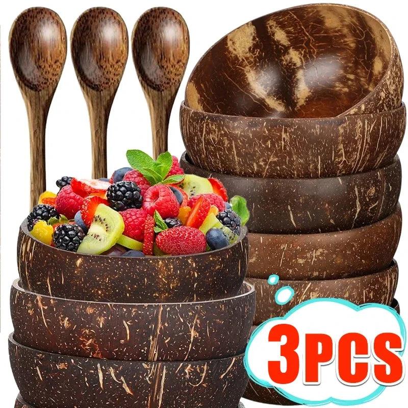 Natural Coconut Bowls And Wooden Spoon Sets Reusable Coconut Shell Bowls For Dessert Yogurt Fruit Salad Kitchen Tableware Qme
