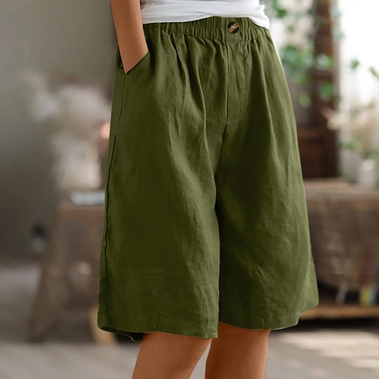 Female Fashion Solid Color Elastic High Waist Pocket Button Up Loose Cotton Linen Five Length Shorts Summer Soft Comfort Pants Qme
