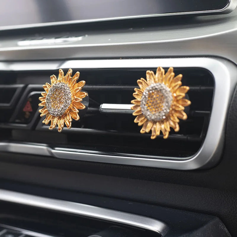 Shiny Rhinestone Sunflower Car Air Freshener Clip Auto Vent Aroma Qme 2pcs