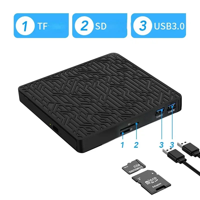USB 3.0 External Optical Drive Slim High-Speed Reading Support TF Reader Player ForDVD-ROM CD-RW Burner Laptop Macbook PC Qme