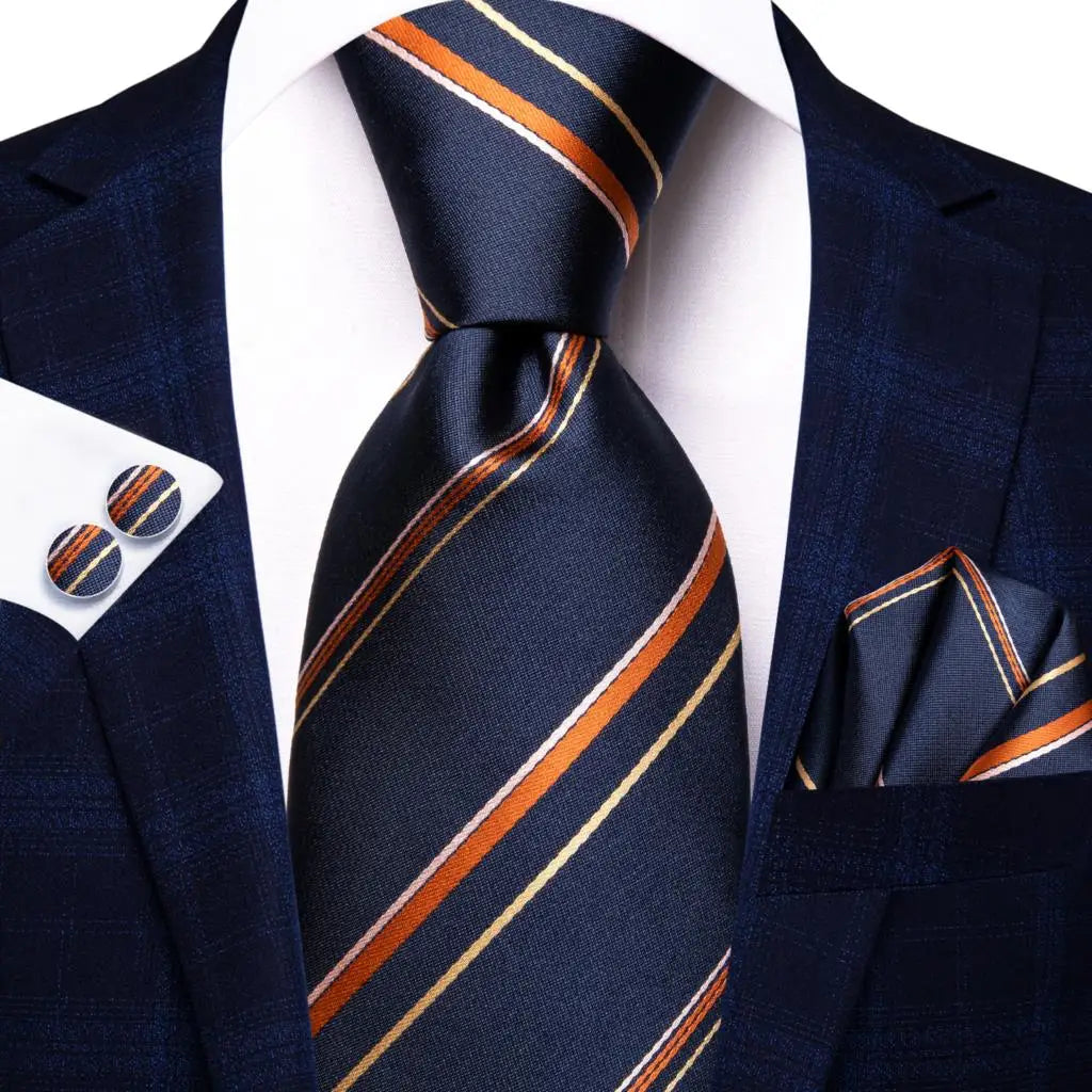Hi-Tie Navy Blue Floral Striped Silk Elegant Tie For Men Groom Wedding Men Necktie Pocket Square Cufflink Accessory Wholesale Qme N-3421