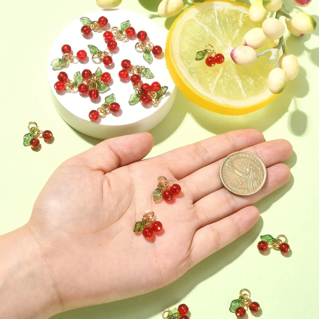 PandaHall 30Pcs Glass Red Cherry Charms Acrylic 3D Cherry Charms with Loop Acrylic Fruit Charms for DIY Jewelry Making findings Qme