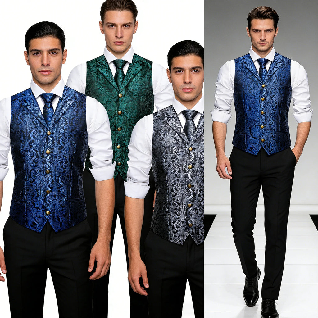 Men's Floral Vest Tie Hanky Cufflinks Formal Blue Grey Green Qme