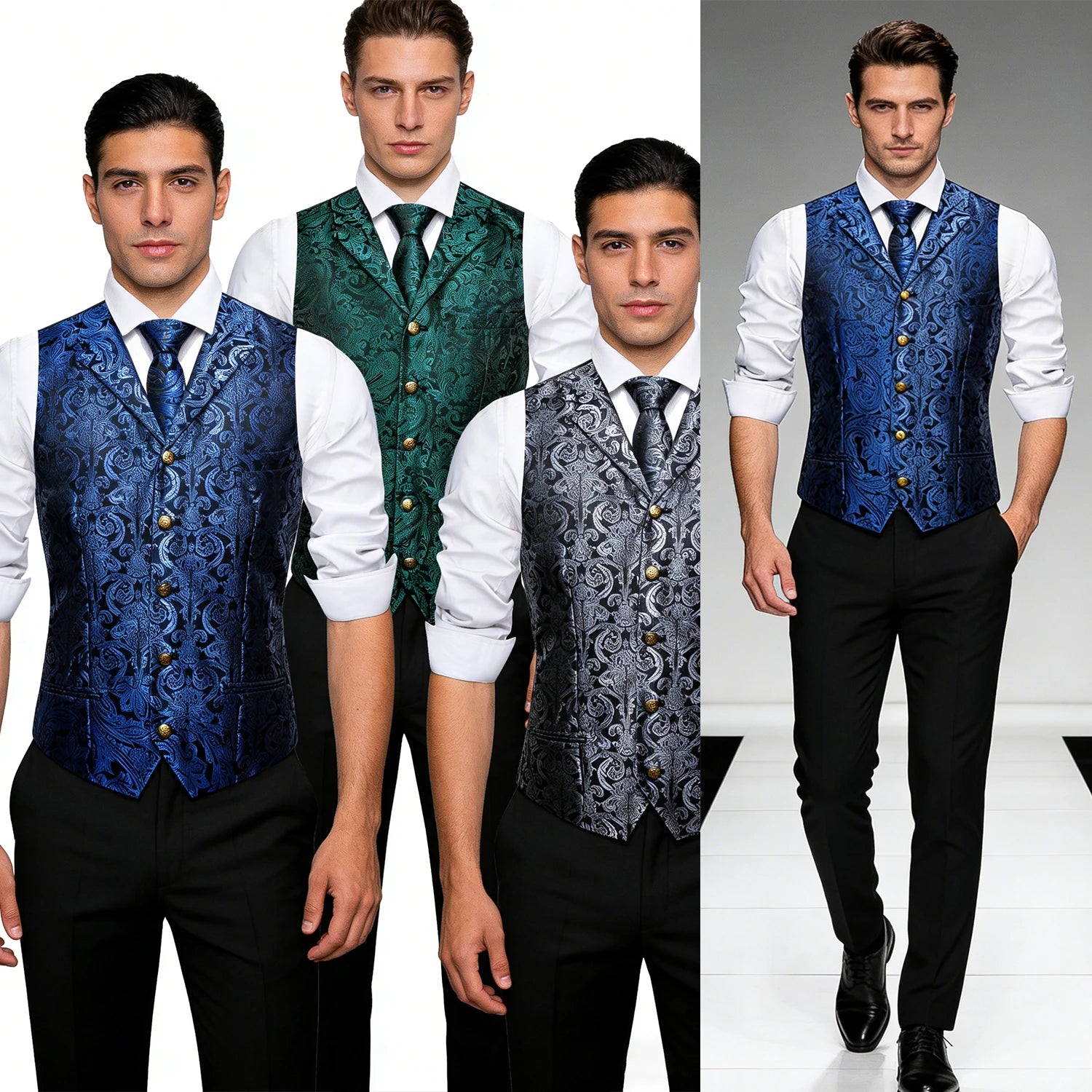 Men's Floral Vest Tie Hanky Cufflinks Formal Blue Grey Green Qme