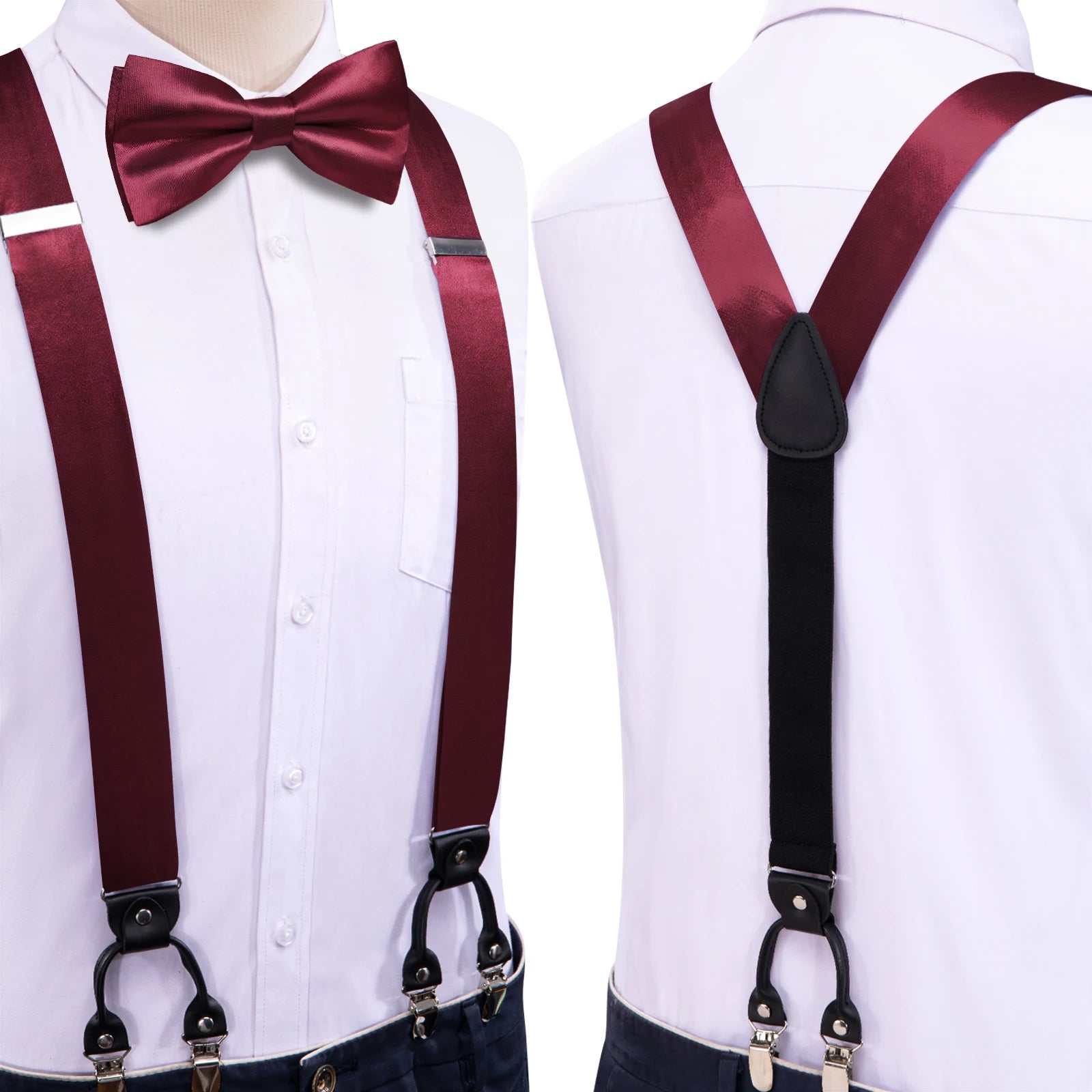 Hi-tie Silk Mens Braces Bowtie Hanky Cufflinks Y Back Clip Adjustable Qme BD-3171