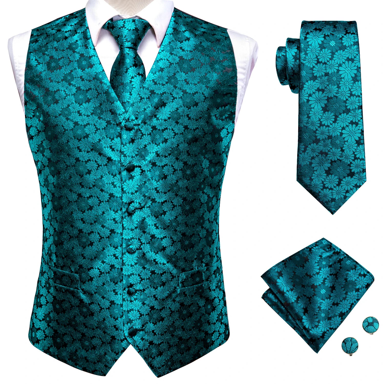 Hi-tie Black Men Vest Paisley Jacquard Necktie Hankerchief Cufflinks Qme