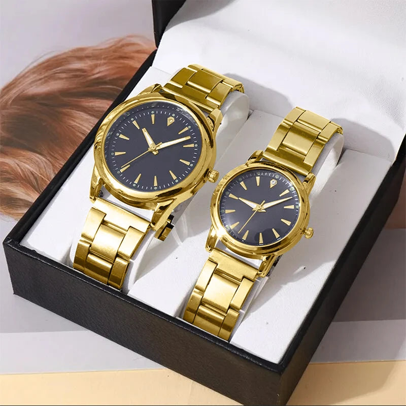 2PCS Couple's Watch Night Light Steel Strip Women's Watch Men's and Women's Quartz Watch Gift Watch Qme Gold Set No Box