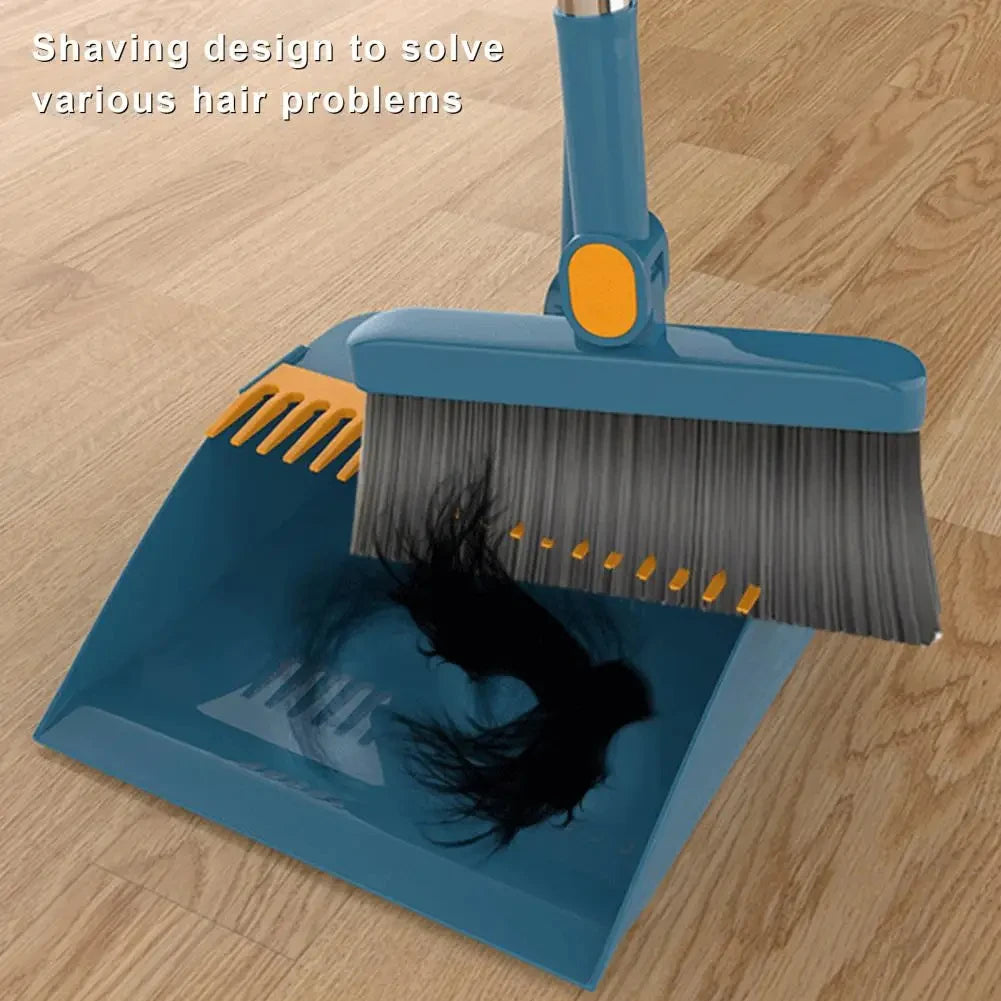 Long Handle Broom With Dustpan Set 180-Degree Angle Adjustment Stiff Bristles Buckle Type Broom Dustpan Set With Scraping Teeth Qme
