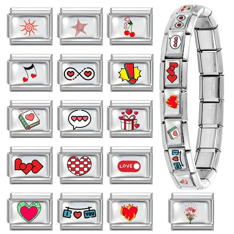 New Y2K Red Series Colorful Love Heart Gift Sun Star Italian Charm Link fit 9mm Stainless Steel Jewelry DIY Making Bracelet Gift Qme