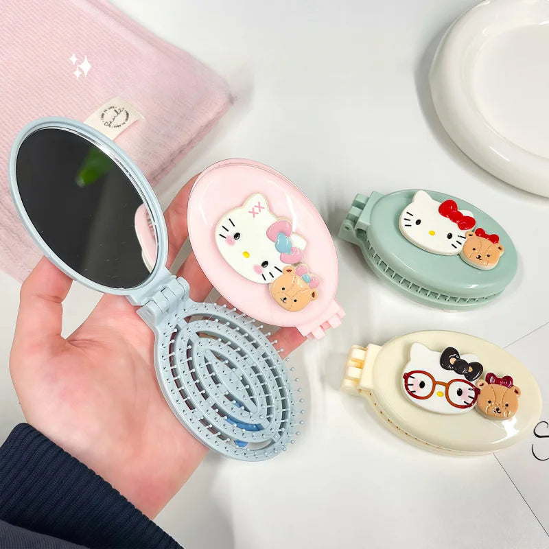 Hello Kitty Cute Creative Folding Mirror Comb Portable Mini Openwork Qme