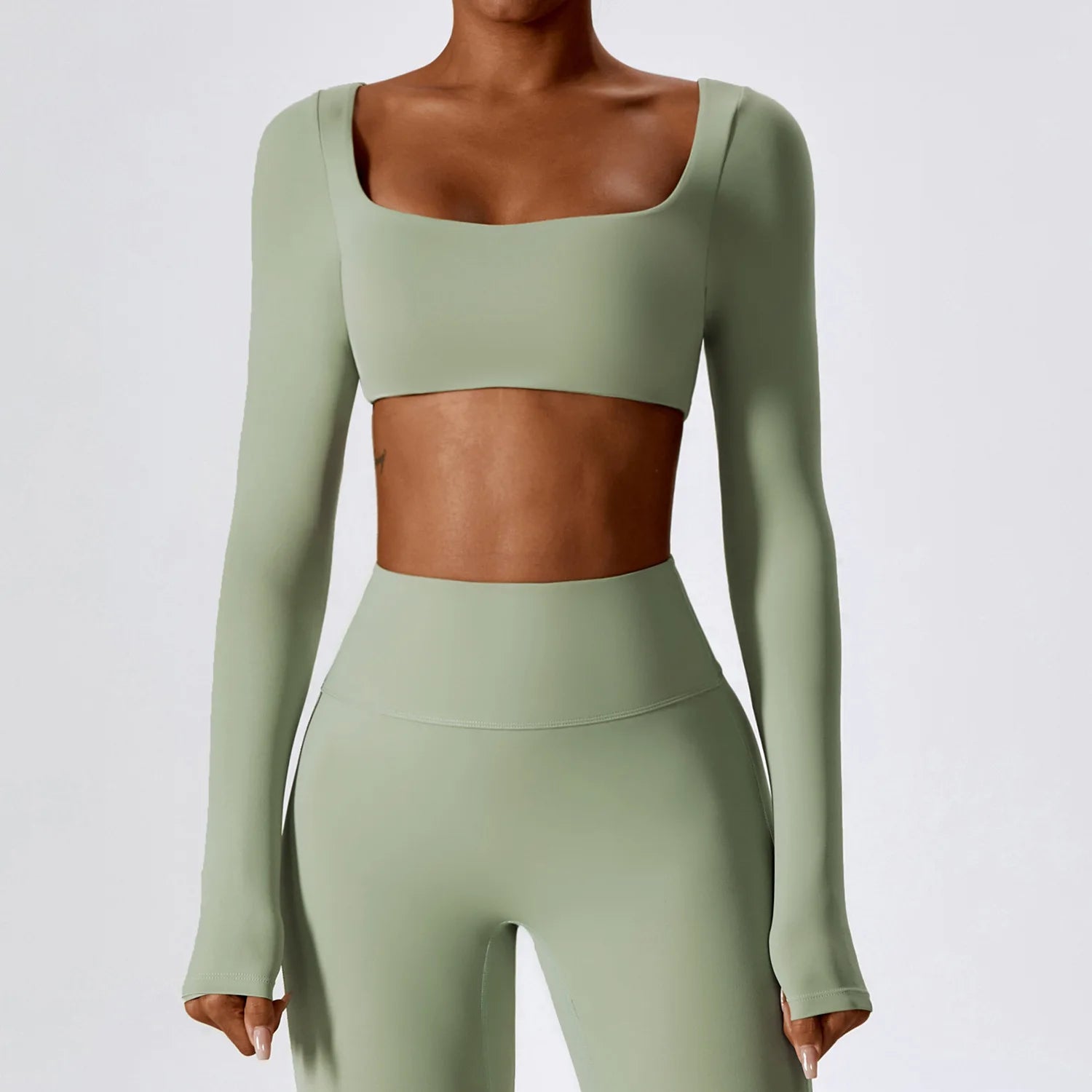 A Summer Casual Quick Dry Sportswear Women Square Neck Gym Top Women Fitness Sports Crop Top Long Sleeve Yoga Clothing Qme bean green XL