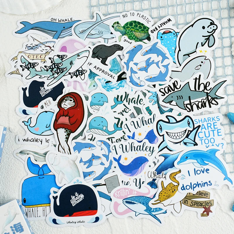 Cute Marine Life Sticker Pack, Kawaii Doodle Illustration Decor Stickers for Water Bottle Notebook Luggage Decoration Qme