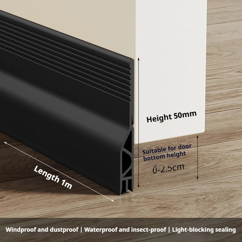 1M 50mm Height Door Bottom Gap Seal Strip Windproof Dustproof Soft TPE Self-adhesive Weather Strip Noise Reduction Sealing Strip Qme Large Black 4Pcs