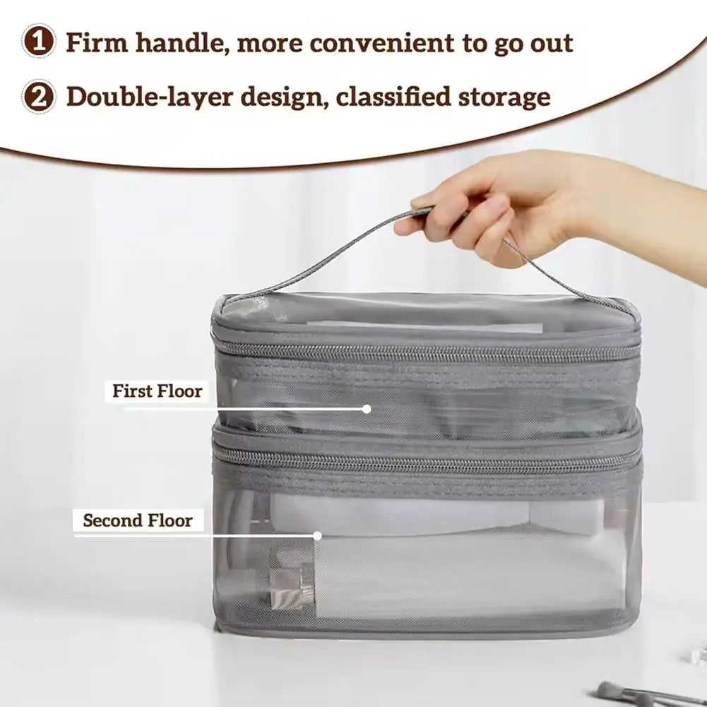 Travel Makeup Bag Handheld Mesh Storage Double Layer Cosmetic Pouch Qme