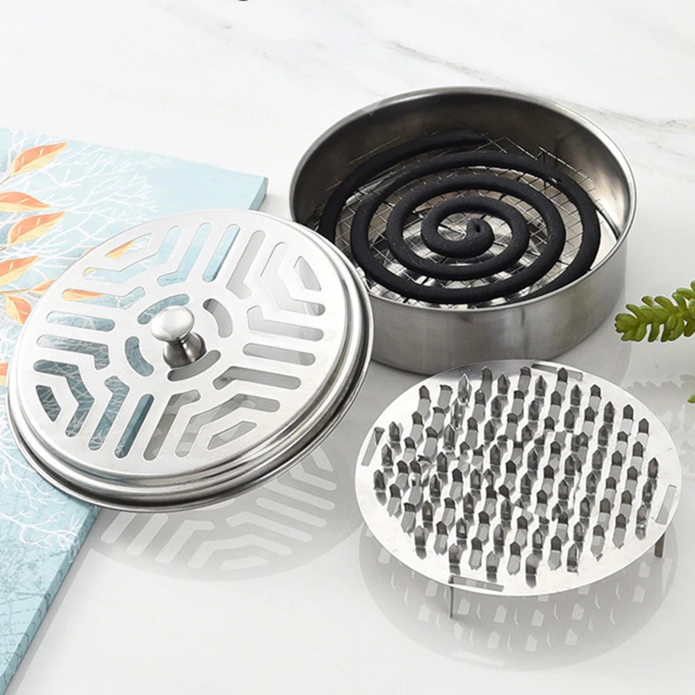 Stainless Steel Mosquito Coils Holder round Tray with Cover Easy to Clean Anti-Mosquito Supplies for Outdoor Picnic Travel Qme