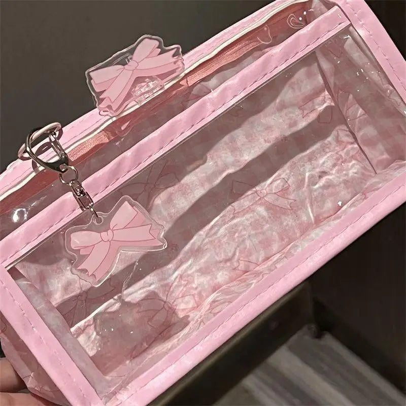 Pink Plaid Double-layer Transparent Pencil Case High-value Student Qme