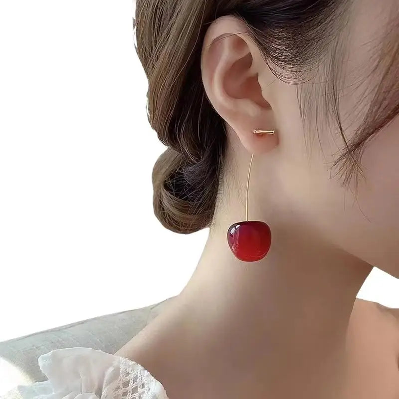 Sweet Fruit Design Red Cherry Drop Earrings Delicate Fashion Women Jewelry for Graduation Gift Daily Outfits Qme